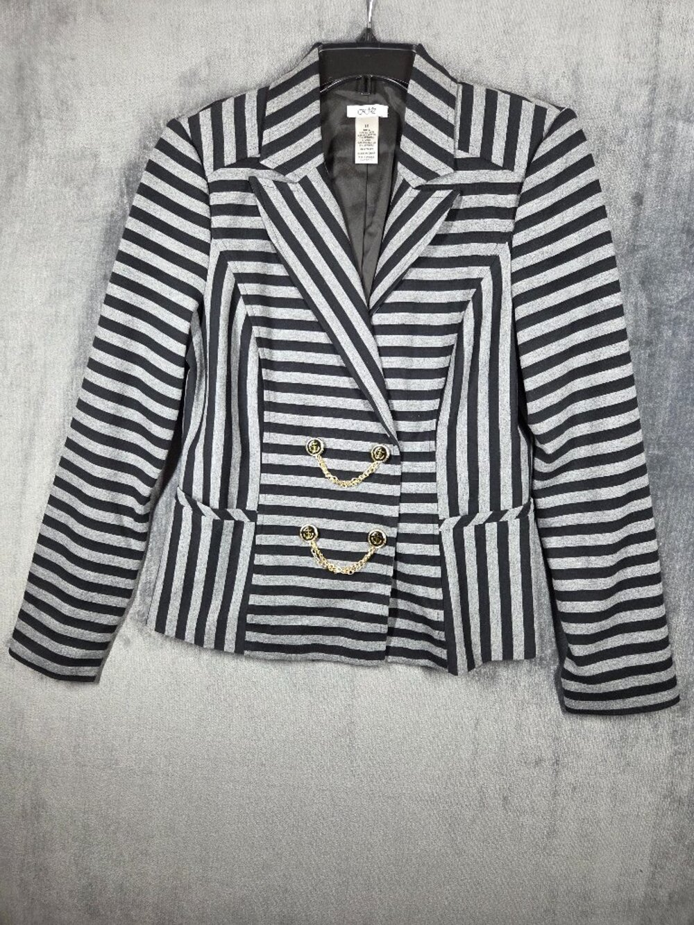 Cache Jacket Blazer Women’s Sz 10 Gray Black Striped Knit Nautical Chain
